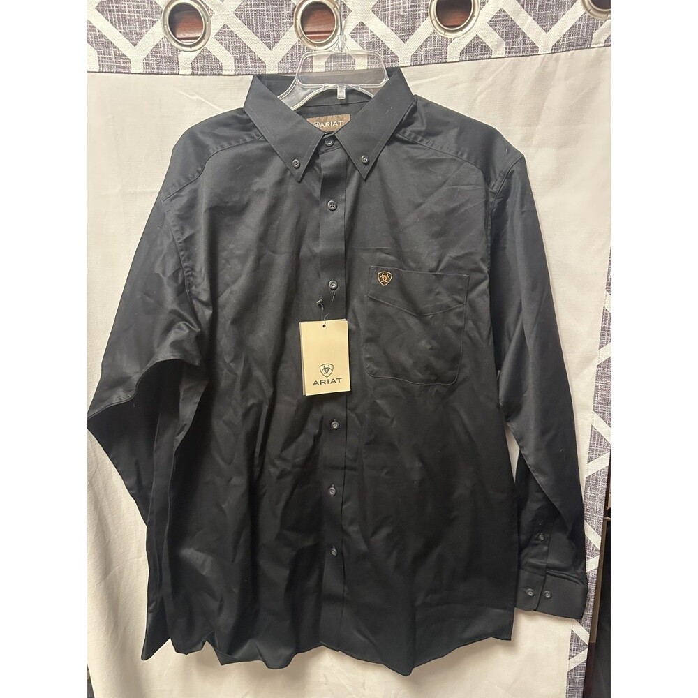 NWT Men's Ariat Solid Black Twill Button Down Long Sleeve Shirt Size Medium